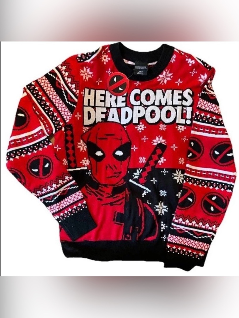 Marvel Red & Black Deadpool Crewneck Sweater Men’s Large NWT